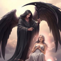 An artistically stylized depiction of Azrael, the Angel of Death, gently taking the soul of a woman