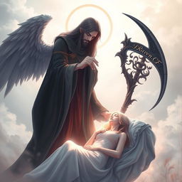 An artistically stylized depiction of Azrael, the Angel of Death, gently taking the soul of a woman