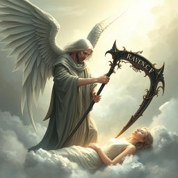 An artistically stylized depiction of Azrael, the Angel of Death, gently taking the soul of a woman