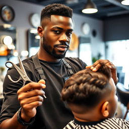 A skilled barber with dark skin, confidently holding a pair of scissors, displaying a professional and focused demeanor while styling hair