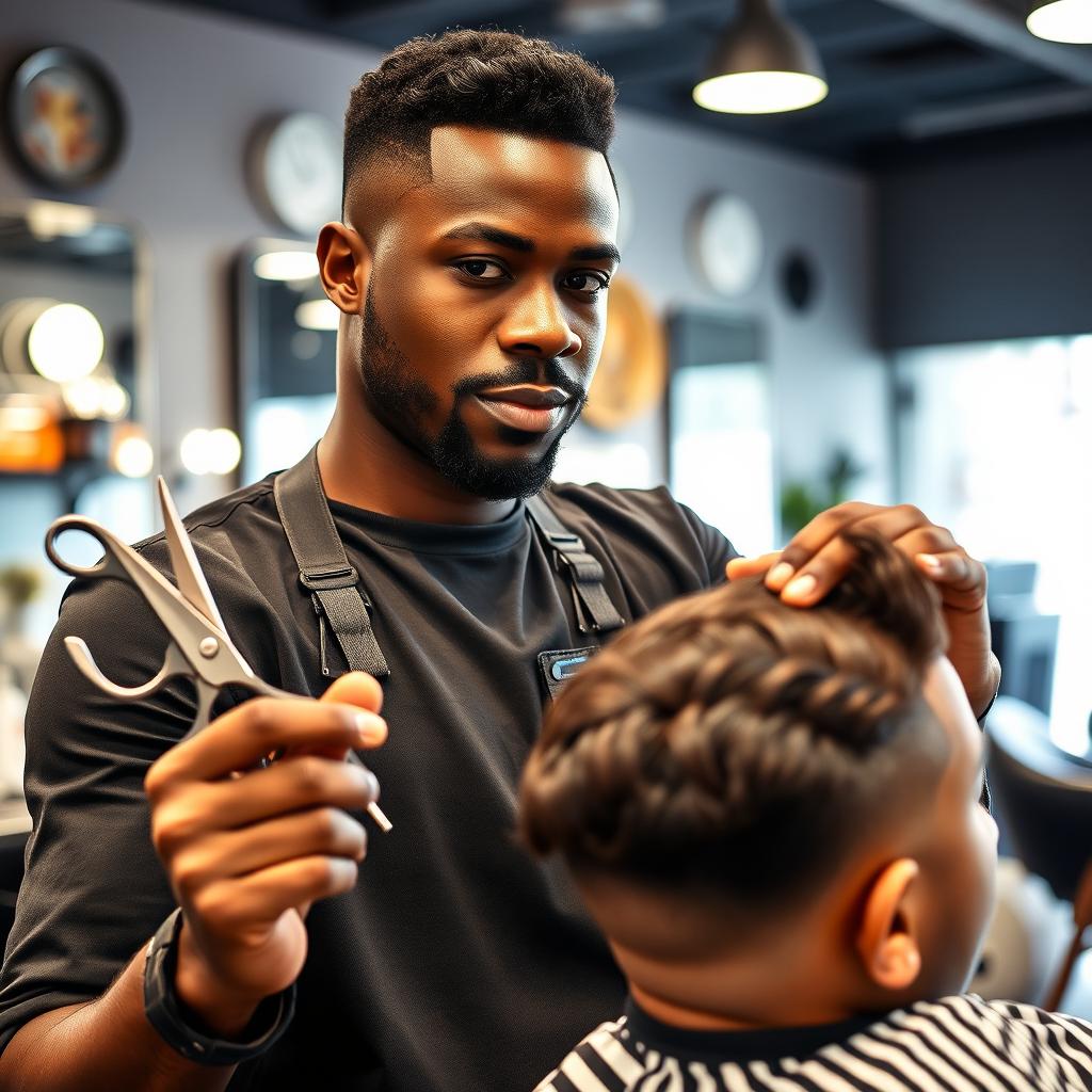 A skilled barber with dark skin, confidently holding a pair of scissors, displaying a professional and focused demeanor while styling hair