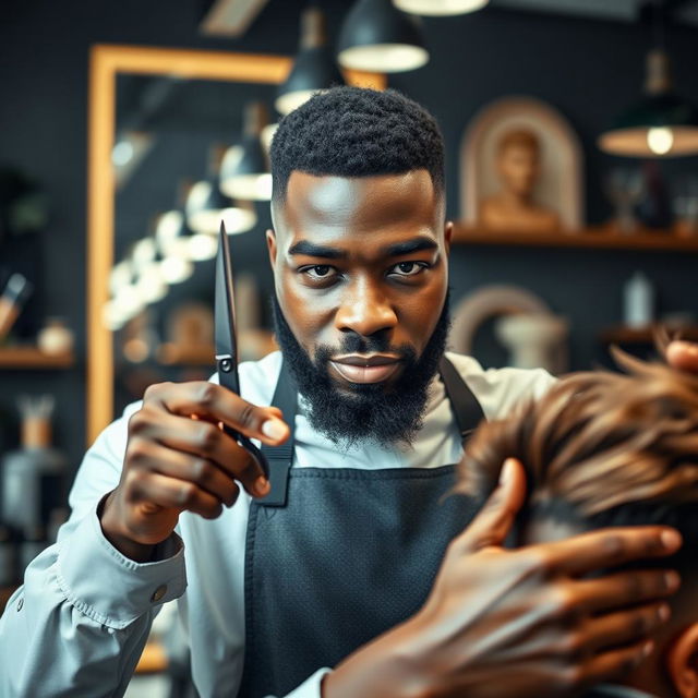 A skilled barber with dark skin, confidently holding a pair of scissors, displaying a professional and focused demeanor while styling hair