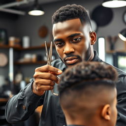 A skilled barber with dark skin, confidently holding a pair of scissors, displaying a professional and focused demeanor while styling hair