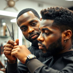 A skilled barber with dark skin, confidently holding a pair of scissors, displaying a professional and focused demeanor while styling hair