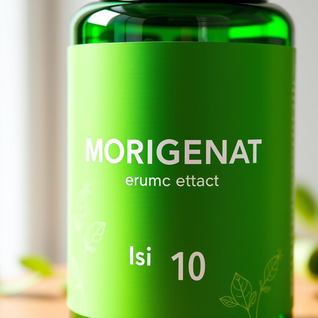 A close-up shot of a green capsule bottle labeled 'MORIGENAT', containing moringa extract