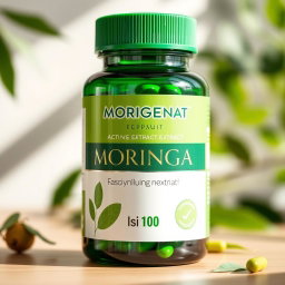 A close-up shot of a green capsule bottle labeled 'MORIGENAT', containing moringa extract