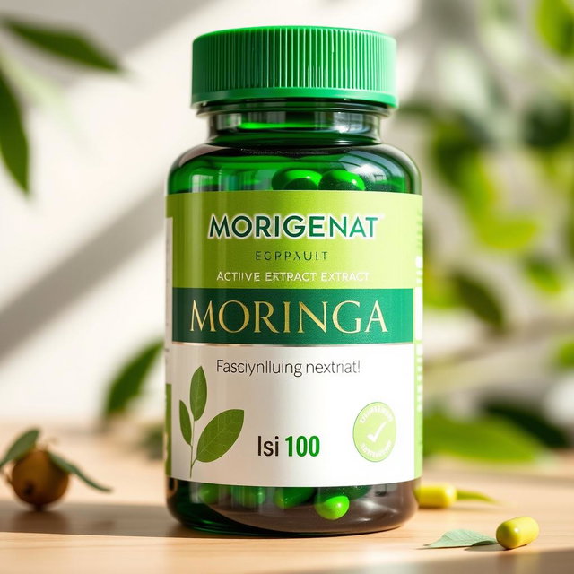 A close-up shot of a green capsule bottle labeled 'MORIGENAT', containing moringa extract