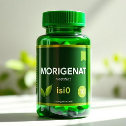 A close-up shot of a green capsule bottle labeled 'MORIGENAT', containing moringa extract