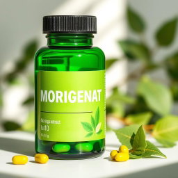 A close-up shot of a green capsule bottle labeled 'MORIGENAT', containing moringa extract