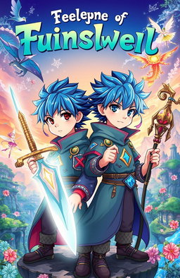 A captivating book cover for a fantasy novel featuring two anime twin boys around 12 years old