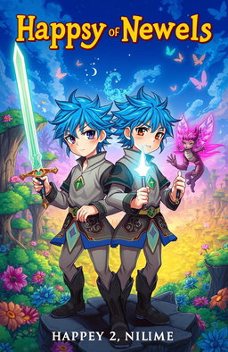 A captivating book cover for a fantasy novel featuring two anime twin boys around 12 years old