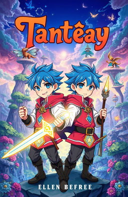 A captivating book cover for a fantasy novel featuring two anime twin boys around 12 years old