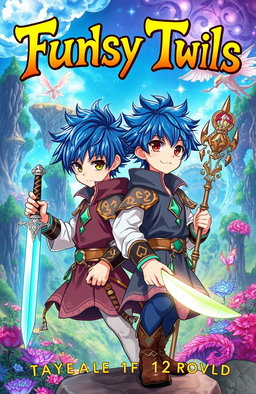 A captivating book cover for a fantasy novel featuring two anime twin boys around 12 years old