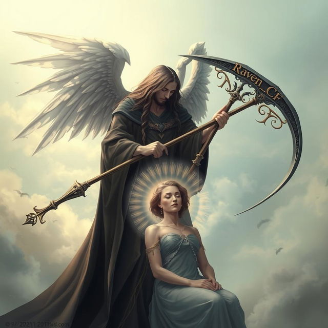 An artistically stylized depiction of Azrael, the Angel of Death, gently taking the soul of a woman