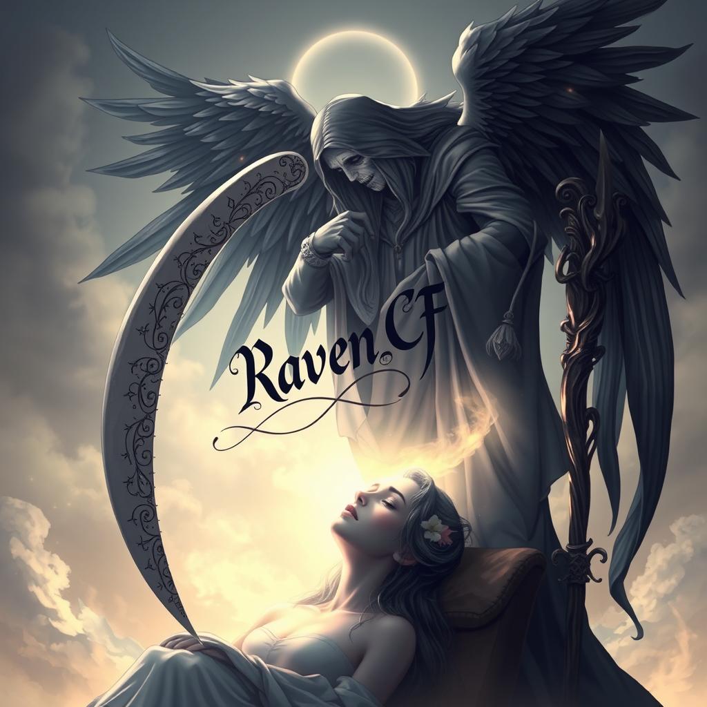 An artistically stylized depiction of Azrael, the Angel of Death, gently taking the soul of a woman