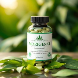 A beautifully designed bottle labeled 'MORIGENAT', containing Moringa extract capsules