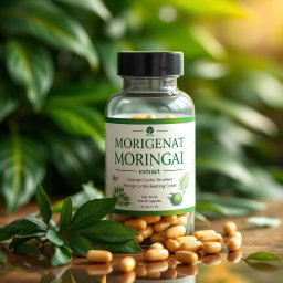A beautifully designed bottle labeled 'MORIGENAT', containing Moringa extract capsules