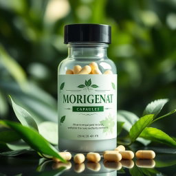 A beautifully designed bottle labeled 'MORIGENAT', containing Moringa extract capsules