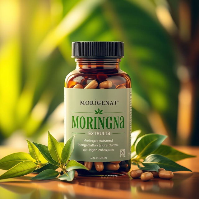 A beautifully designed bottle labeled 'MORIGENAT', containing Moringa extract capsules