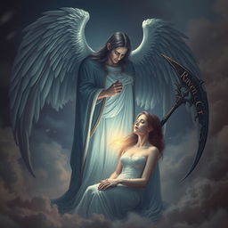 An artistic representation of Azrael, the Angel of Death, delicately taking the soul of a woman