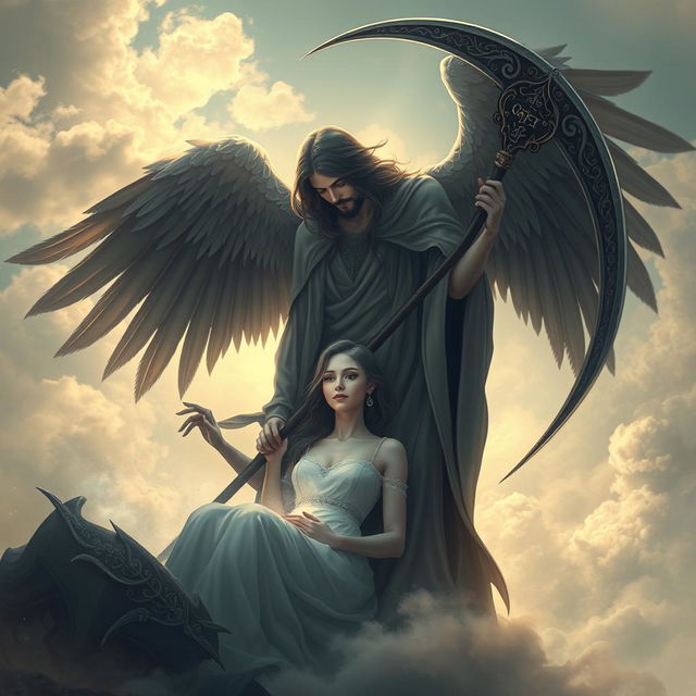 An artistic representation of Azrael, the Angel of Death, delicately taking the soul of a woman