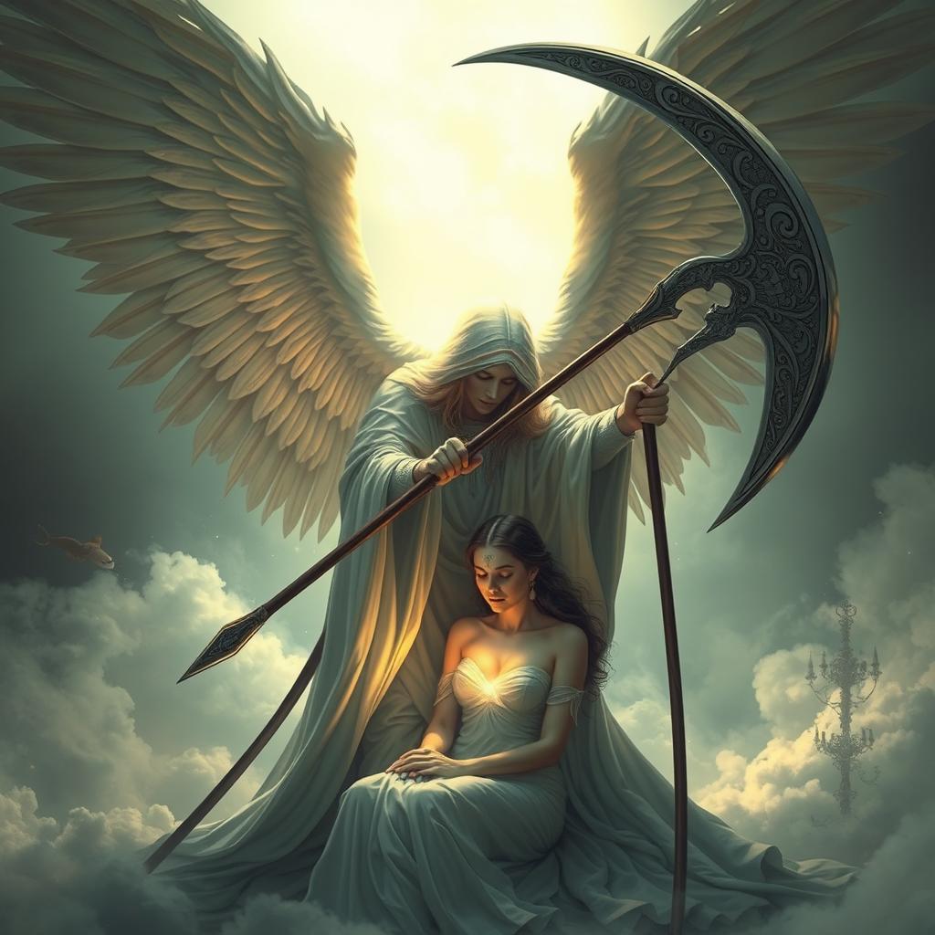 An artistic representation of Azrael, the Angel of Death, delicately taking the soul of a woman