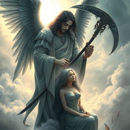 An artistic representation of Azrael, the Angel of Death, delicately taking the soul of a woman