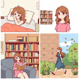 A comic-style illustration featuring five panels depicting Sofia, a 20-year-old girl with wavy hair