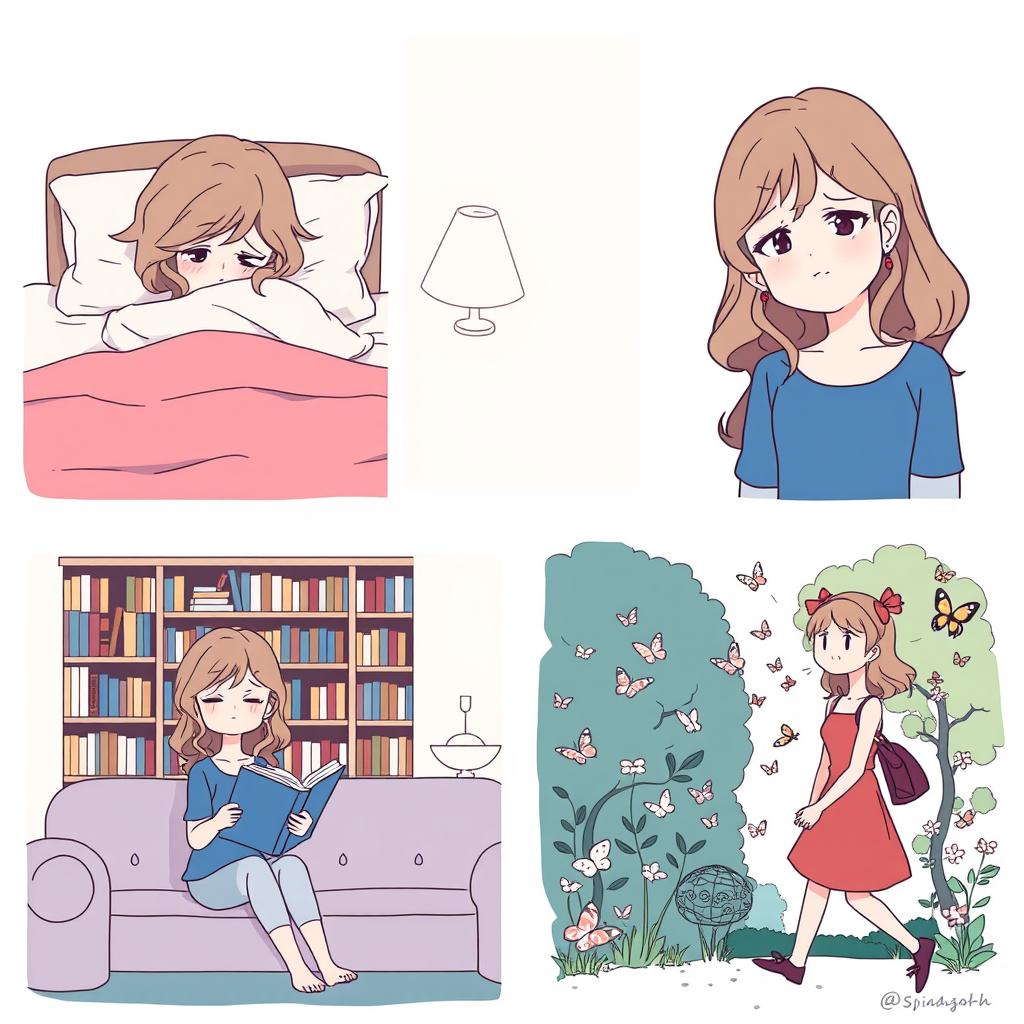 A comic-style illustration featuring five panels depicting Sofia, a 20-year-old girl with wavy hair