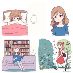 A comic-style illustration featuring five panels depicting Sofia, a 20-year-old girl with wavy hair