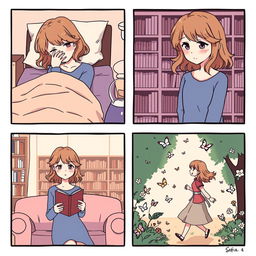 A comic-style illustration featuring five panels depicting Sofia, a 20-year-old girl with wavy hair