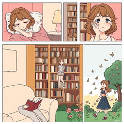 A comic-style illustration featuring five panels depicting Sofia, a 20-year-old girl with wavy hair