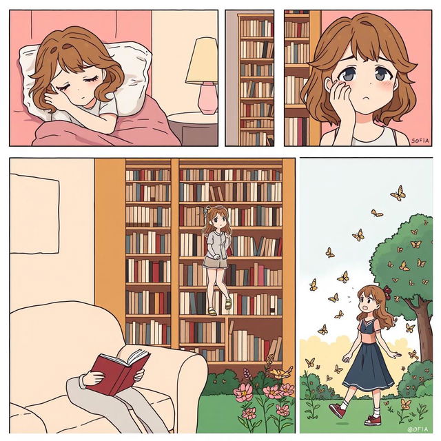 A comic-style illustration featuring five panels depicting Sofia, a 20-year-old girl with wavy hair