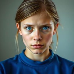 a young woman with light brown hair, wearing a blue shirt