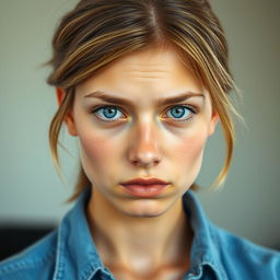 a young woman with light brown hair, wearing a blue shirt