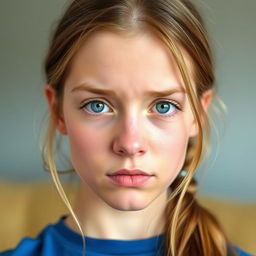 a young woman with light brown hair, wearing a blue shirt