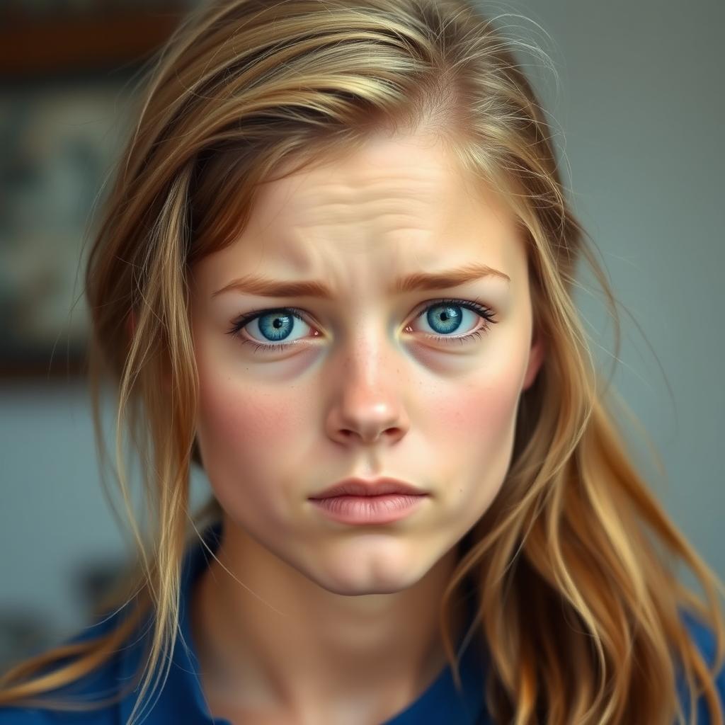 a young woman with light brown hair, wearing a blue shirt
