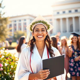A celebratory graduation scene with a joyful graduate wearing a classical white toga, adorned with a laurel wreath on their head, holding a diploma in one hand