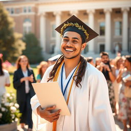 A celebratory graduation scene with a joyful graduate wearing a classical white toga, adorned with a laurel wreath on their head, holding a diploma in one hand