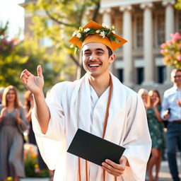 A celebratory graduation scene with a joyful graduate wearing a classical white toga, adorned with a laurel wreath on their head, holding a diploma in one hand