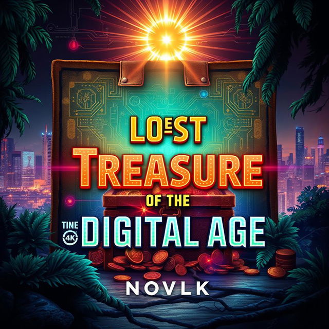 A captivating novel cover design for 'The Lost Treasure of the Digital Age', featuring a mysterious treasure map with glowing circuit patterns, vibrant 4K colors, and an ancient treasure chest overflowing with digital coins and artifacts