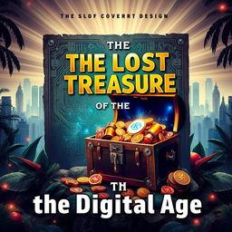 A captivating novel cover design for 'The Lost Treasure of the Digital Age', featuring a mysterious treasure map with glowing circuit patterns, vibrant 4K colors, and an ancient treasure chest overflowing with digital coins and artifacts
