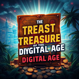 A captivating novel cover design for 'The Lost Treasure of the Digital Age', featuring a mysterious treasure map with glowing circuit patterns, vibrant 4K colors, and an ancient treasure chest overflowing with digital coins and artifacts