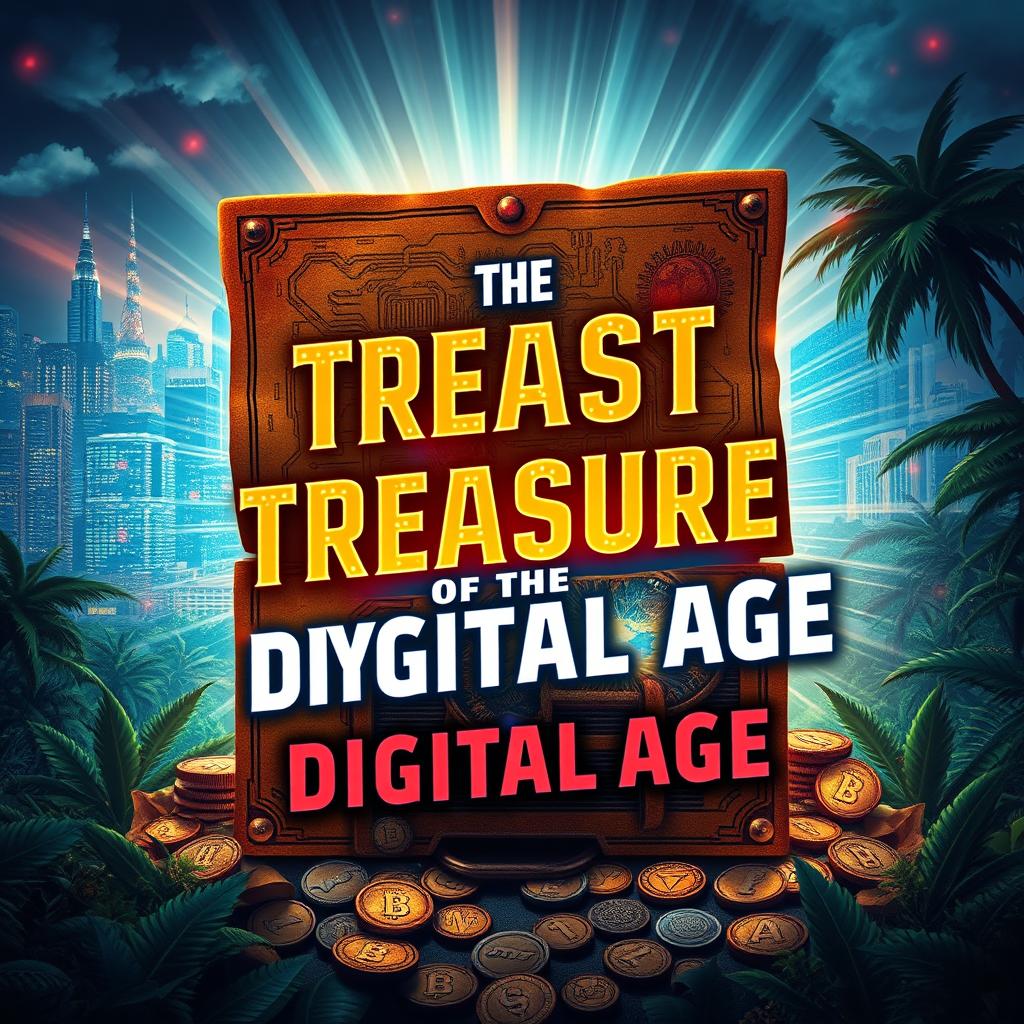 A captivating novel cover design for 'The Lost Treasure of the Digital Age', featuring a mysterious treasure map with glowing circuit patterns, vibrant 4K colors, and an ancient treasure chest overflowing with digital coins and artifacts