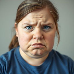 A chubby young woman with light brown hair and blue eyes, displaying an irate expression