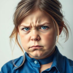 A chubby young woman with light brown hair and blue eyes, displaying an irate expression