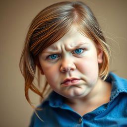 A chubby young woman with light brown hair and blue eyes, displaying an irate expression