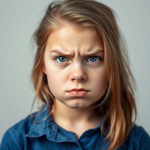 A chubby young woman with light brown hair and blue eyes, displaying an irate expression