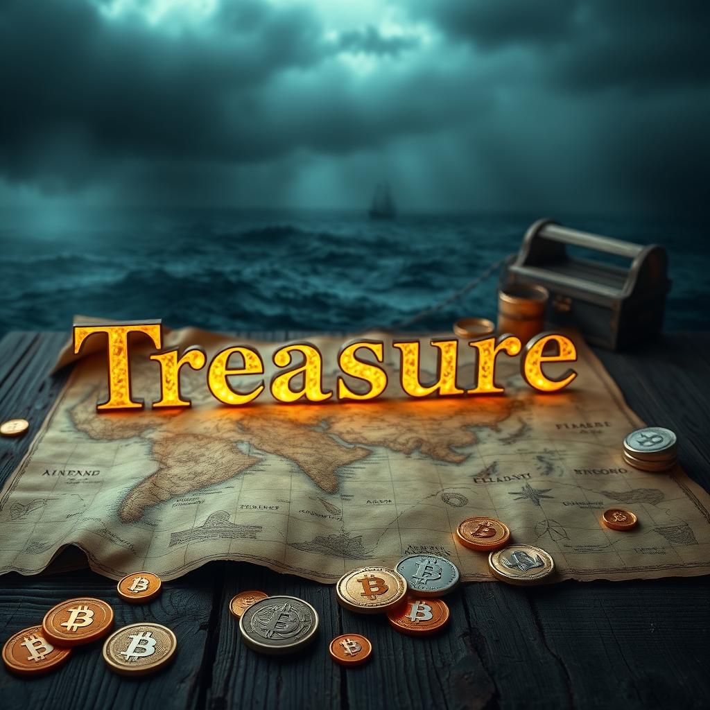 A captivating book cover design centered around the theme of lost treasure, cryptocurrency, and a treasure map