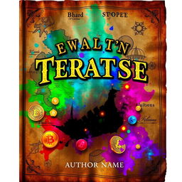 A captivating and hauntingly attractive book cover design featuring an ancient, tattered treasure map as the background, adorned with vibrant colors that evoke a sense of mystery and adventure